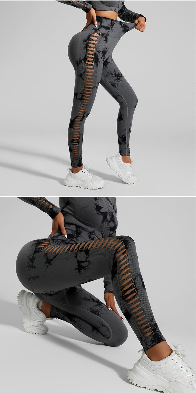 Dark Gray Size M Tie-Dye Yoga Set Long Sleeve Butt Lift Leggings