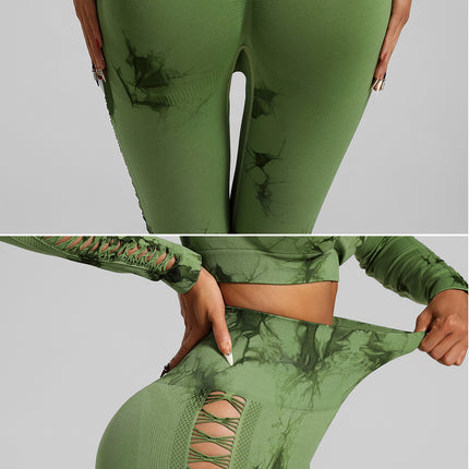 Grass Green Size S Tie-Dye Yoga Set Long Sleeve Butt Lift Leggings Seamless Workout Training Gym Clothes
