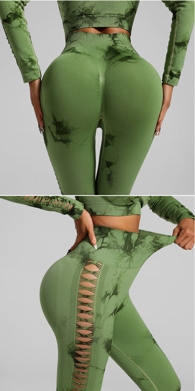 Grass Green Size M Tie-Dye Yoga Set Long Sleeve Butt Lift Leggings