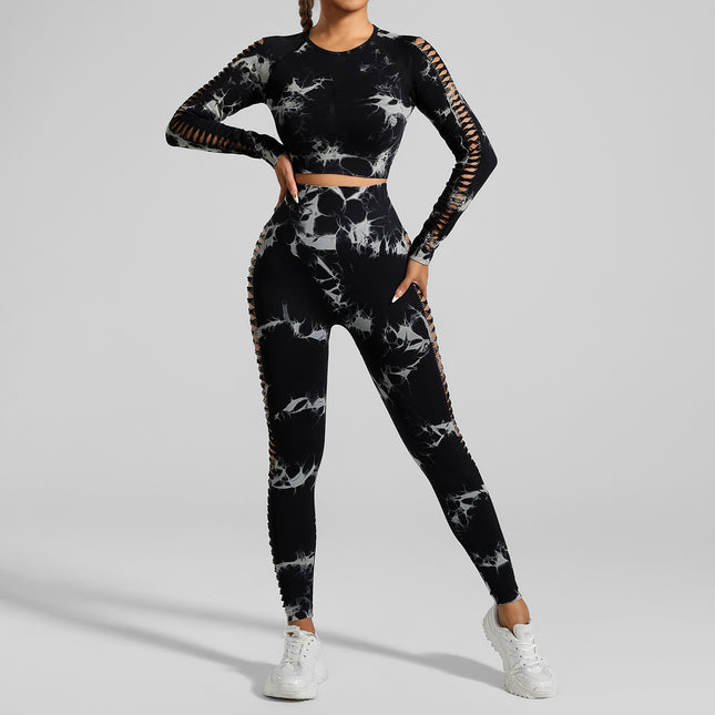 Black and Grey Tie-Dye Size L Tie-Dye Yoga Set Long Sleeve Butt Lift