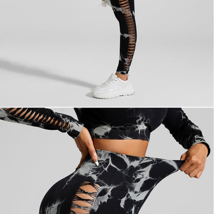 Black and Grey Tie-Dye Size L Tie-Dye Yoga Set Long Sleeve Butt Lift Leggings Seamless Workout Training Gym Clothes