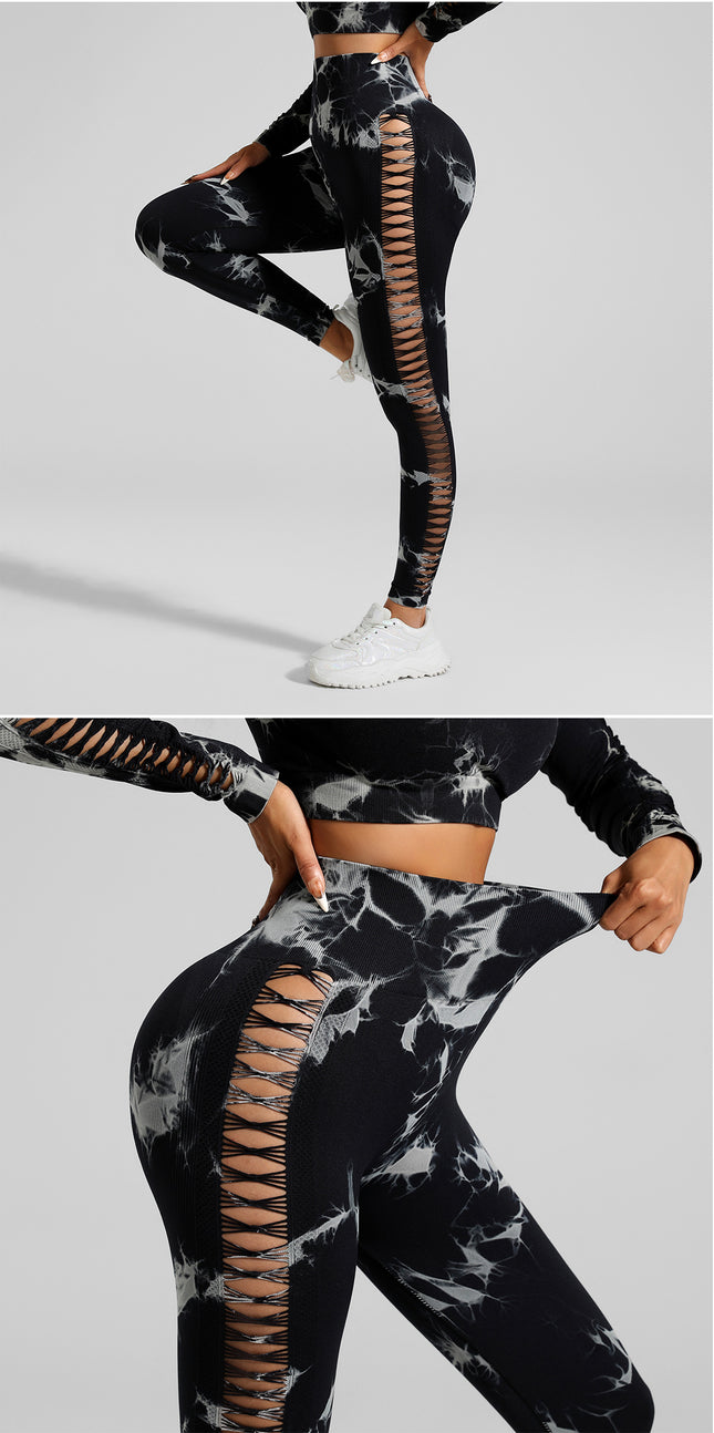 Black and Grey Tie-Dye Size L Tie-Dye Yoga Set Long Sleeve Butt Lift