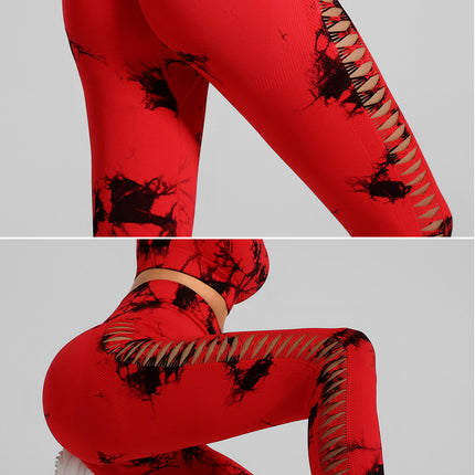 Red and Black Tie-Dye Size L Tie-Dye Yoga Set Long Sleeve Butt Lift Leggings Seamless Workout Training Gym Clothes