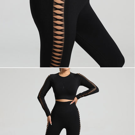 Black Size L Tie-Dye Yoga Set Long Sleeve Butt Lift Leggings Seamless Workout Training Gym Clothes