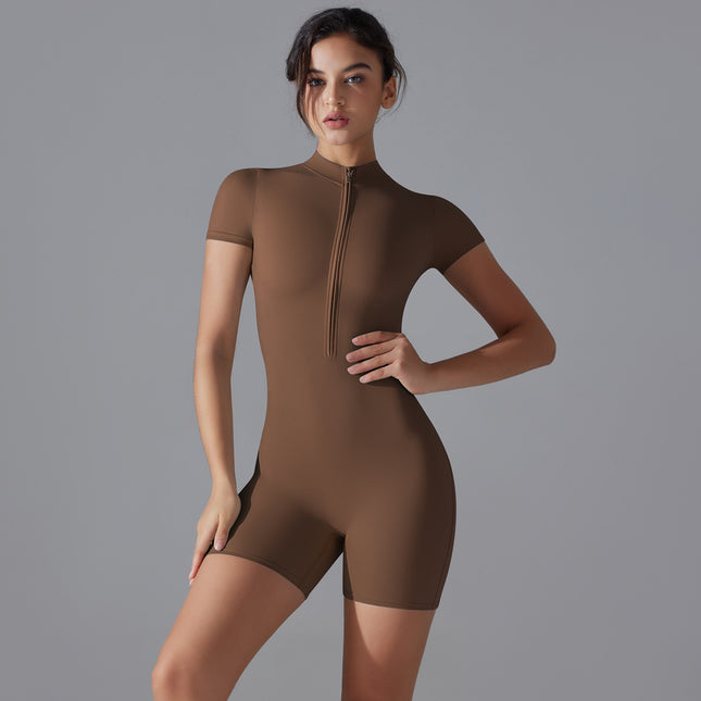 Brown Size S Women's Summer Zip-Up Bodysuit - Short Sleeve