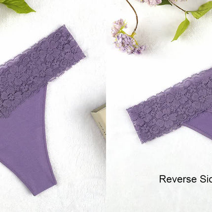 Size M Lace-Trimmed Thong Underwear -4-Pack in Ecru Olive,Violet,Black and White