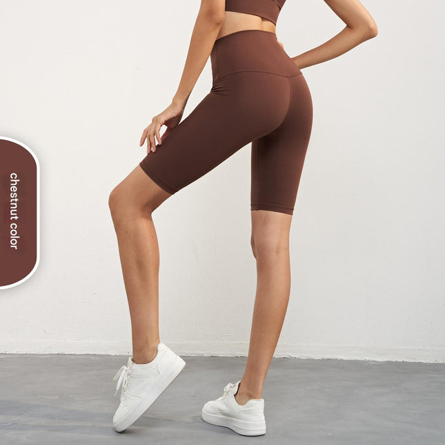 Size M Chestnut Color Seamless High-Waisted Yoga Shorts for Women