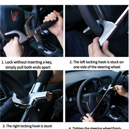 Black Multifunctional Car Steering Wheel Lock - Adjustable and Telescopic Anti-theft & Window Breaker Safety Tool