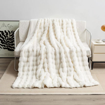 Beige 130*160cm Plush Toscana Rabbit Hair Throw Blanket - Soft Flannel Fleece for All Seasons, Perfect for Couch & Bed