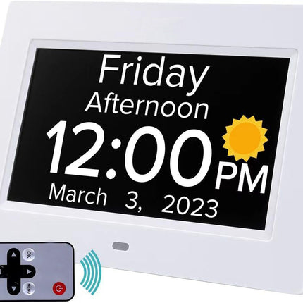 White Crystal Clear 7-Inch Digital Day Clock with Auto Dimming & Voice Assist - Perfect for Seniors