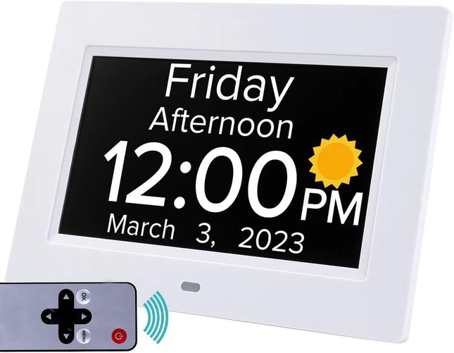 White Crystal Clear 7-Inch Digital Day Clock with Auto Dimming & Voice Assist