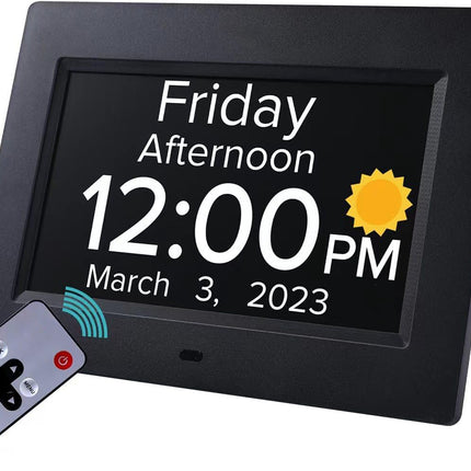 Black Crystal Clear 7-Inch Digital Day Clock with Auto Dimming & Voice Assist - Perfect for Seniors