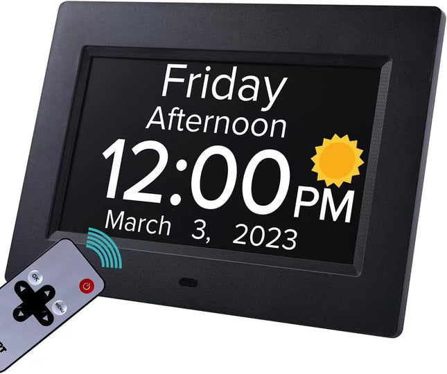 Black Crystal Clear 7-Inch Digital Day Clock with Auto Dimming & Voice Assist