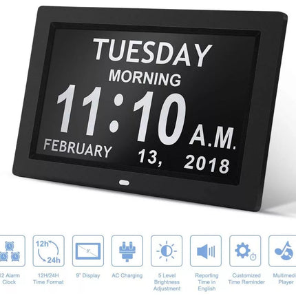 Black 10.1-Inch Digital Clock with Medication Reminders & Multi-Function Alarm - Ideal for Elderly Care
