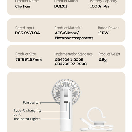 Ice Green Portable Multifunctional Clip Fan DQ261 - 1000mAh Battery, 3-Speed, Quiet Cooling for Summer