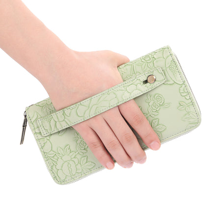 Women's Large Capacity Double Zip Wallet Clutch | PU Leather Floral Embossed Wristlet | Phone Holder with 24 Card Slots - Green