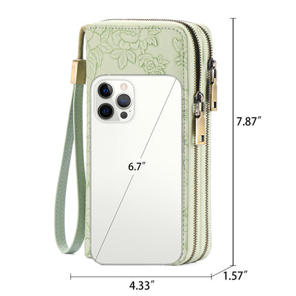 Women's Large Capacity Double Zip Wallet Clutch | PU Leather Floral Embossed Wristlet | Phone Holder with 24 Card Slots - Green