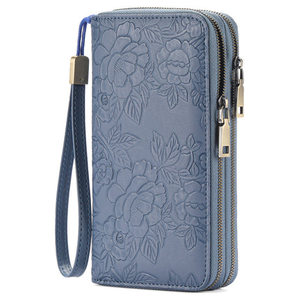 Women's Large Capacity Double Zip Wallet Clutch PU Leather (Blue)