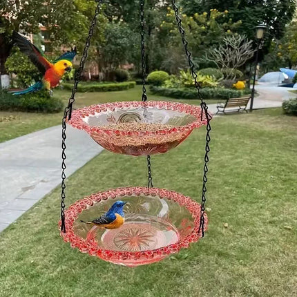 2 Set Pink Elegant Hanging Glass Bird Feeder - Double Tier for Garden Birds