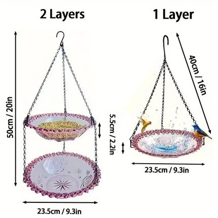 2 Set Pink Elegant Hanging Glass Bird Feeder - Double Tier for Garden Birds