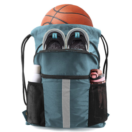 Blue Multi-Pocket Drawstring Backpack Gym Bag with Zipper Compartments, Bottle Holders & Reflective Strip