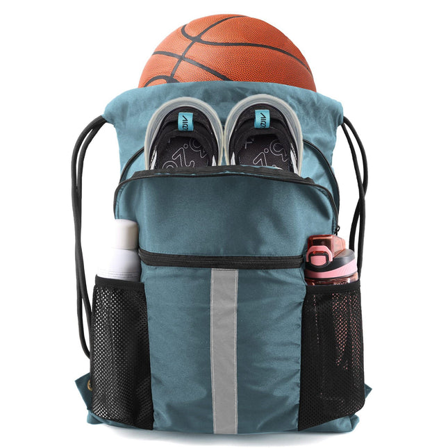 Blue Multi-Pocket Drawstring Backpack Gym Bag with Zipper Compartments Bottle Holders & Reflective Strip