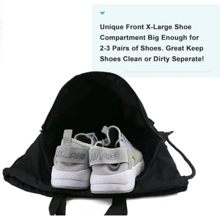 Blue Multi-Pocket Drawstring Backpack Gym Bag with Zipper Compartments, Bottle Holders & Reflective Strip