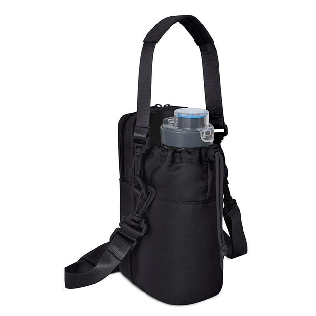 Black Stylish Water Bottle Carrier Bag with Phone Pocket Key Clip & Adjustable Strap