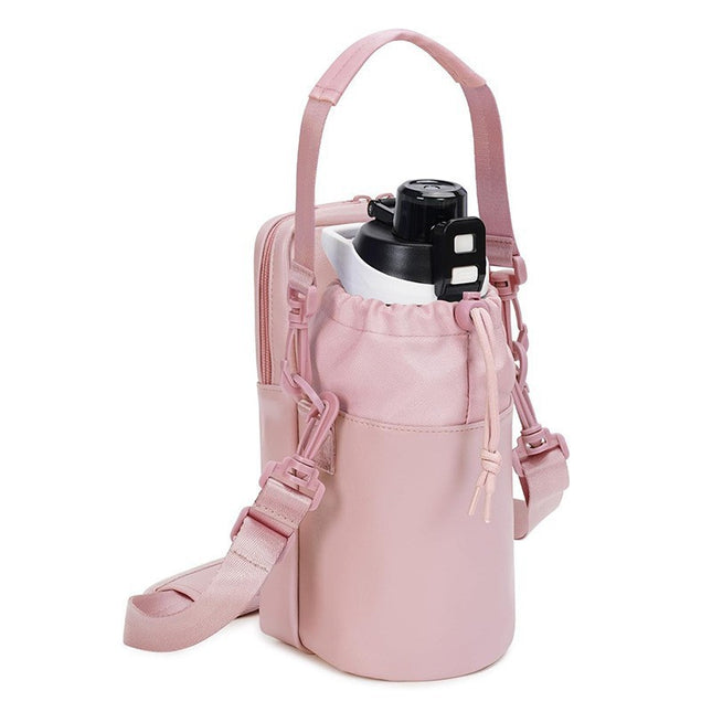 Pink Stylish Water Bottle Carrier Bag with Phone Pocket Key Clip & Adjustable Strap