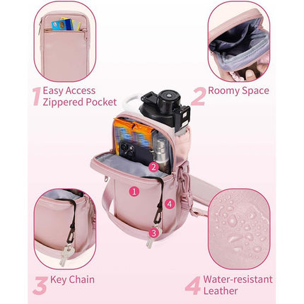 Beige Stylish Water Bottle Carrier Bag with Phone Pocket, Key Clip & Adjustable Strap - Crossbody Sling Holder