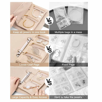 Pink Elegant Quilted Travel Jewelry Organizer Binder - Portable Loose-Leaf Storage Book with Clear Zipper Pockets for Earrings, Necklaces, Rings