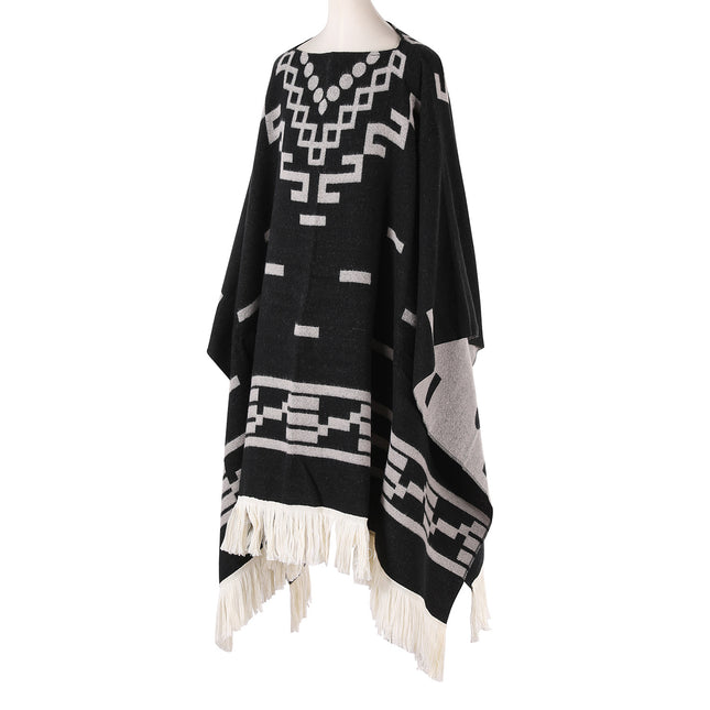 Black Women's Versatile Faux Cashmere Poncho Cape Shawl with Geometric Pattern & Fringe Trim