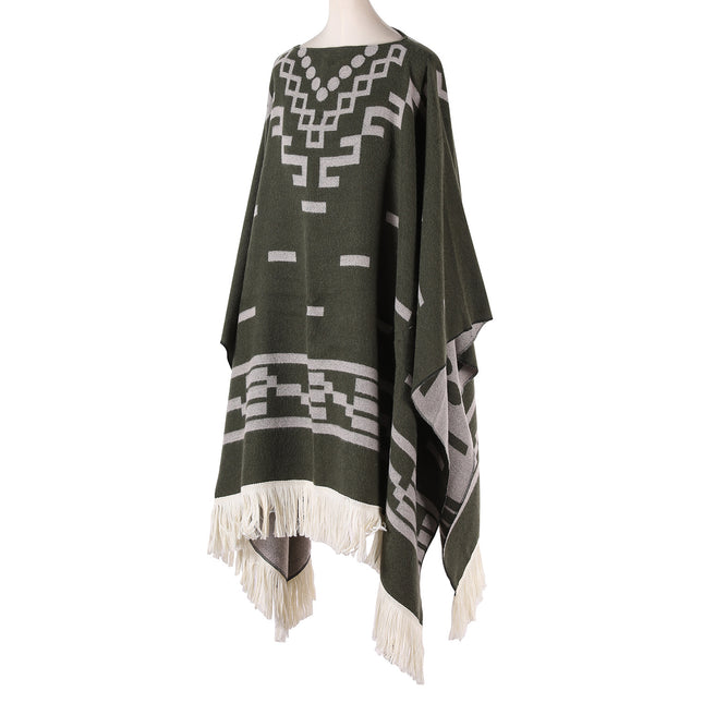 Green Women's Versatile Faux Cashmere Poncho Cape Shawl with Geometric Pattern & Fringe Trim