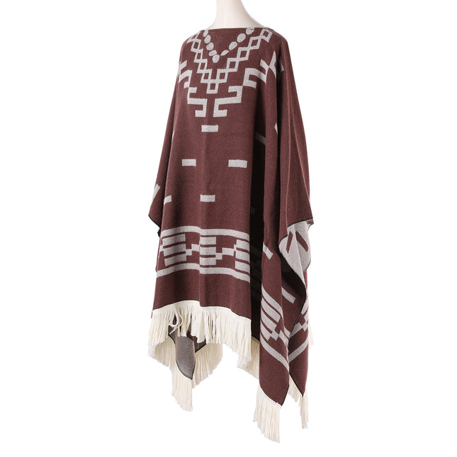 Coffee Women's Versatile Faux Cashmere Poncho Cape Shawl with Geometric Pattern & Fringe Trim