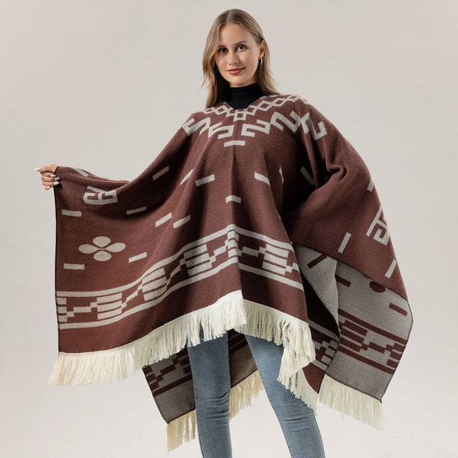 Coffee Women's Versatile Faux Cashmere Poncho Cape Shawl with Geometric Pattern & Fringe Trim – product detail