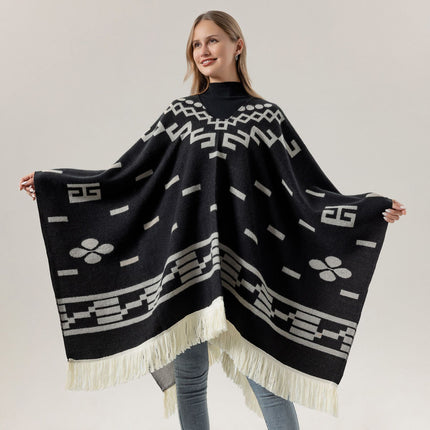 Red Women's Versatile Faux Cashmere Poncho Cape Shawl with Geometric Pattern & Fringe Trim - One Size