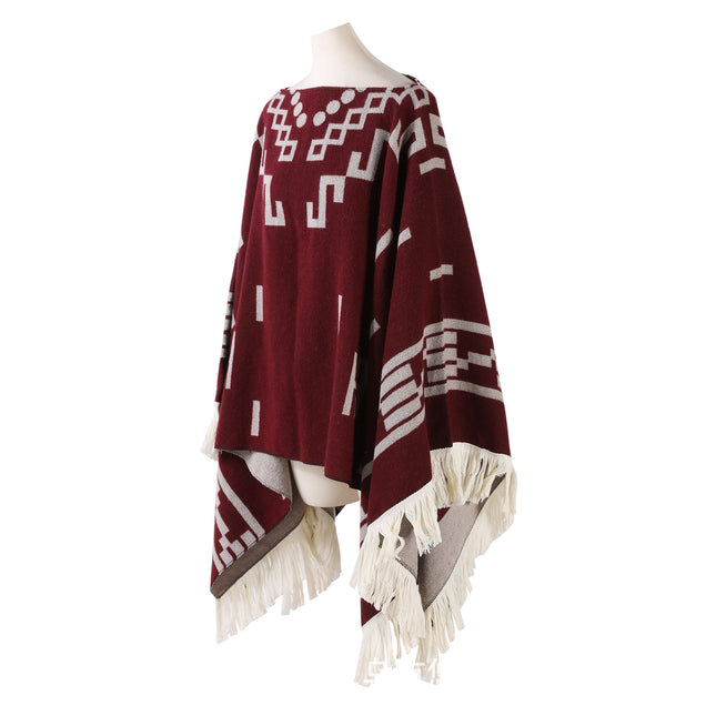 Wine red Women's Versatile Faux Cashmere Poncho Cape Shawl with Geometric Pattern & Fringe Trim