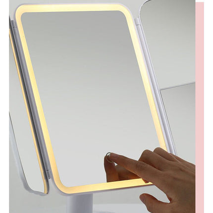 Elegant Tri-Fold Shell LED Vanity Mirror - Smart Makeup Gift with Storage & Illumination