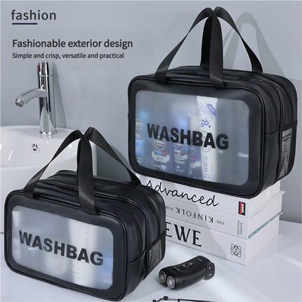 2PCS Dual-Layer Transparent PU Cosmetic Pouch - Wet and Dry Separation, Large size(31*15*20cm)- milk apricot white