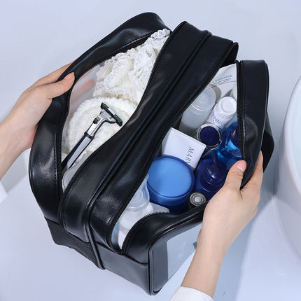 2PCS Dual-Layer Transparent PU Cosmetic Pouch - Wet and Dry Separation, Large size(31*15*20cm)- milk apricot white