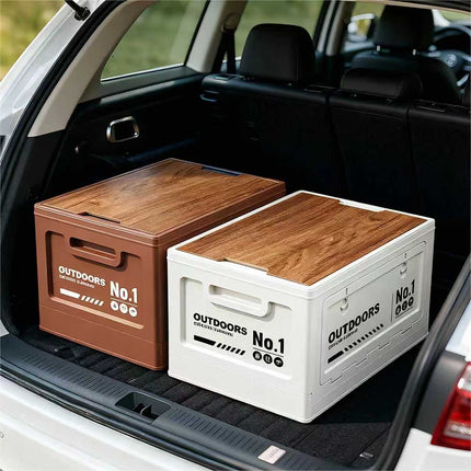 40cm Blue Multifunctional Foldable Storage Box with Wooden Lid - Collapsible Outdoor Camping Crate, Stackable Home Organizer with Side-Opening Doors for Car Trunk, Picnic and Pantry