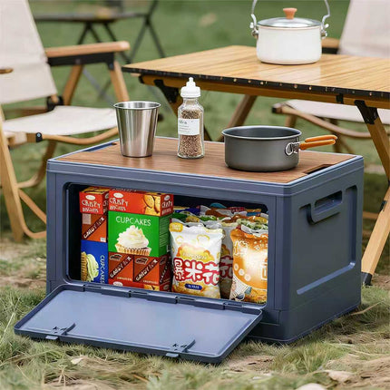 40cm Blue Multifunctional Foldable Storage Box with Wooden Lid - Collapsible Outdoor Camping Crate, Stackable Home Organizer with Side-Opening Doors for Car Trunk, Picnic and Pantry