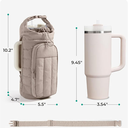 Black Quilted Water Bottle Carrier Bag with Large Phone Pocket - Insulated Tumbler Pouch with Adjustable Shoulder Strap - Crossbody Water Bottle Holder for18oz to 64ozTumblers, Gym, and Travel