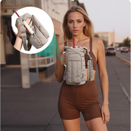 Camel Quilted Water Bottle Carrier Bag with Large Phone Pocket - Insulated Tumbler Pouch with Adjustable Shoulder Strap - Crossbody Water Bottle Holder for18oz to 64ozTumblers, Gym, and Travel