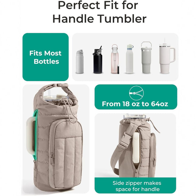 Dark Pink Quilted Water Bottle Carrier Bag with Large Phone Pocket - Insulated Tumbler Pouch with Adjustable Shoulder Strap - Crossbody Water Bottle Holder for18oz to 64ozTumblers, Gym, and Travel