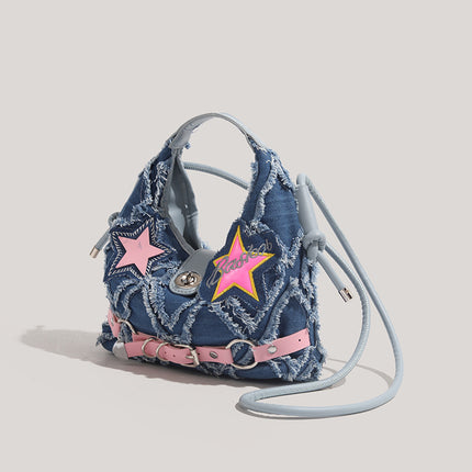 Trendy Denim Crescent Bag - Distressed Star Punk Style Crossbody Handbag - Chic Small Hobo Bag for Women - Spicy Girl Streetwear Aesthetic