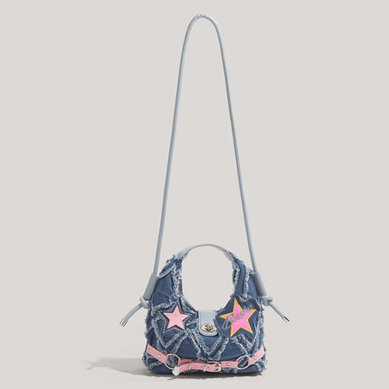 Trendy Denim Crescent Bag - Distressed Star Punk Style Crossbody Handbag - Chic Small Hobo Bag for Women - Spicy Girl Streetwear Aesthetic