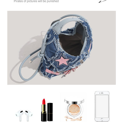 Trendy Denim Crescent Bag - Distressed Star Punk Style Crossbody Handbag - Chic Small Hobo Bag for Women - Spicy Girl Streetwear Aesthetic