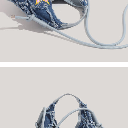 Trendy Denim Crescent Bag - Distressed Star Punk Style Crossbody Handbag - Chic Small Hobo Bag for Women - Spicy Girl Streetwear Aesthetic