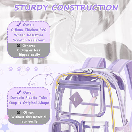 Heavy Duty Clear Transparent Backpack with Purple - Large Capacity PVC Bookbag for School, Stadium, and Gym - Fits 16-Inch Laptop, Binders and A4 Books